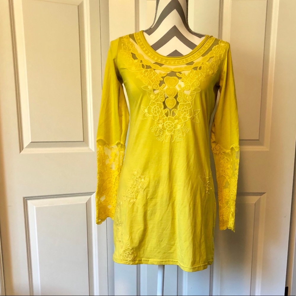 Gorgeous Veiled Brocade Long Sleeve Yellow Shift